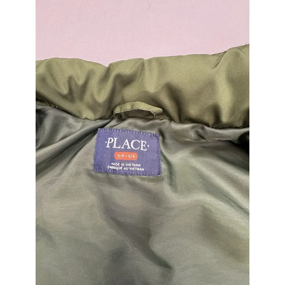 Children’s Place Green Puffer Coat SZ 5/6 Unisex + Purple CC Beanie Kids Bundle